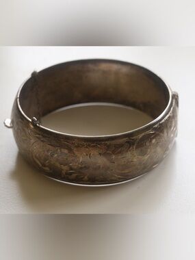 Engraved Silver-Tone Floral Bangle Bracelet